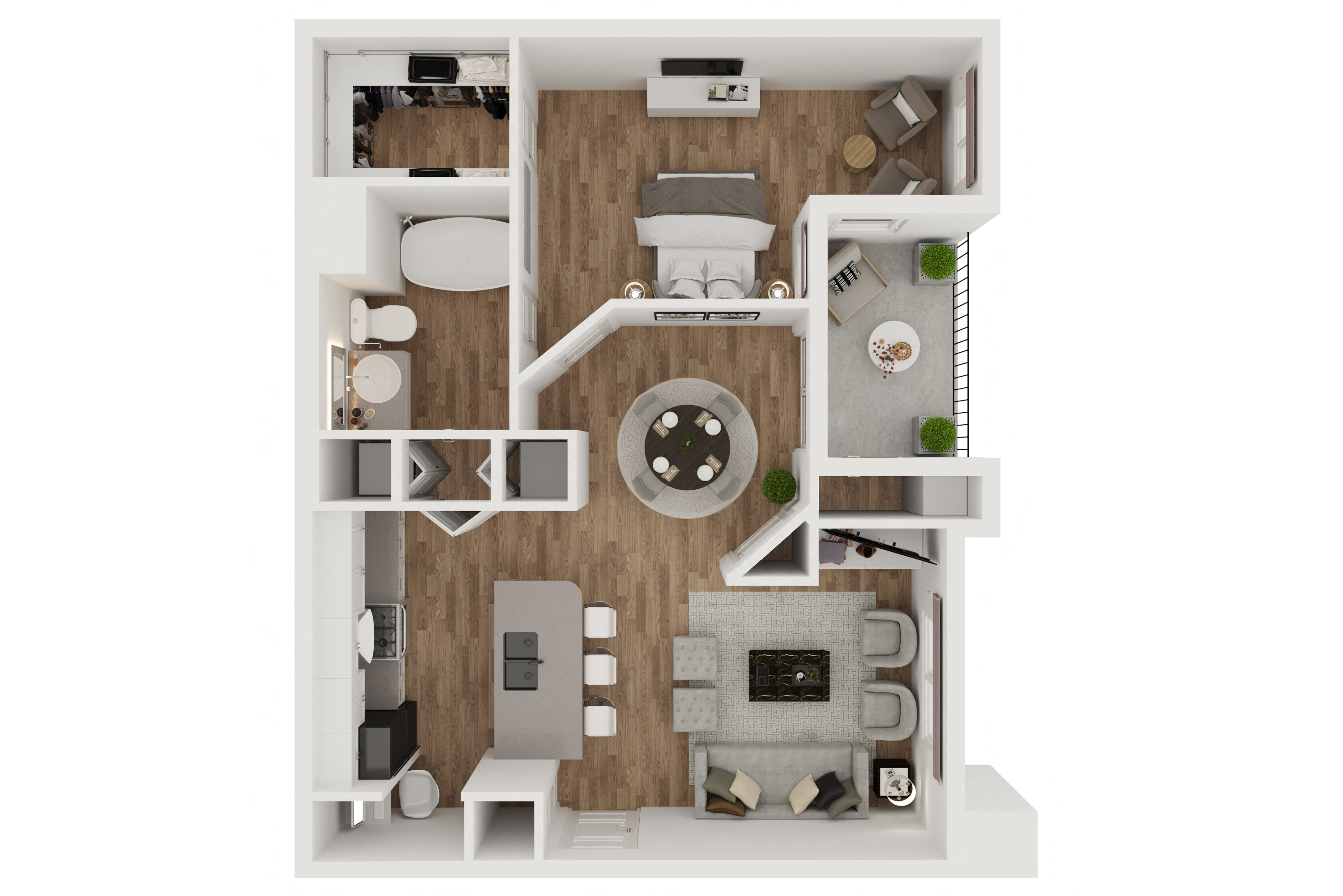 Floor plan for 1 bed, 1 bath, 744 sqft